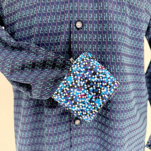 Robert Graham Woven Button Front Long Sleeve Shirt Cubist Navy Blue Geometric M - Picture 3 of 9
